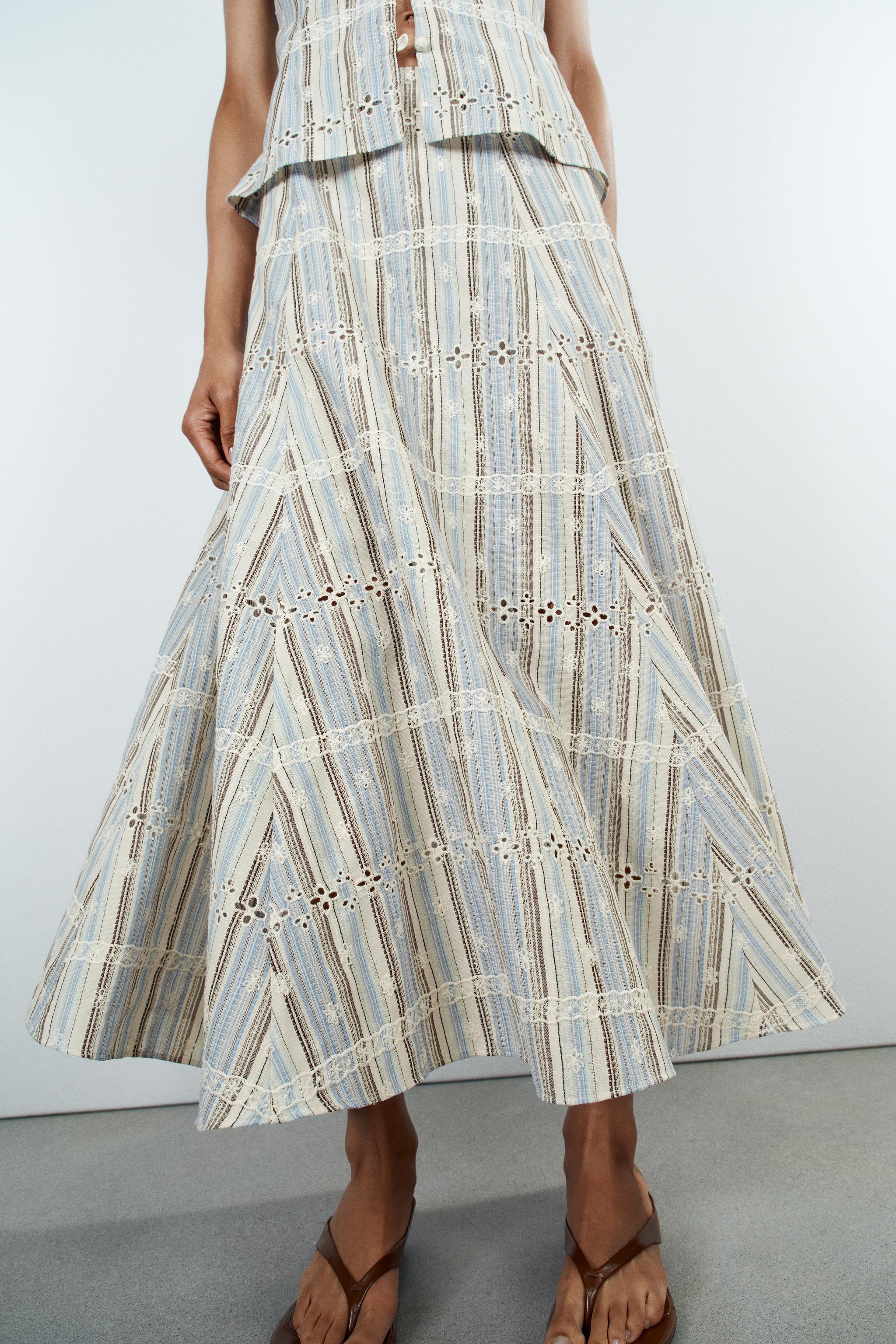 STRIPED EMBROIDERED MIDI SKIRT